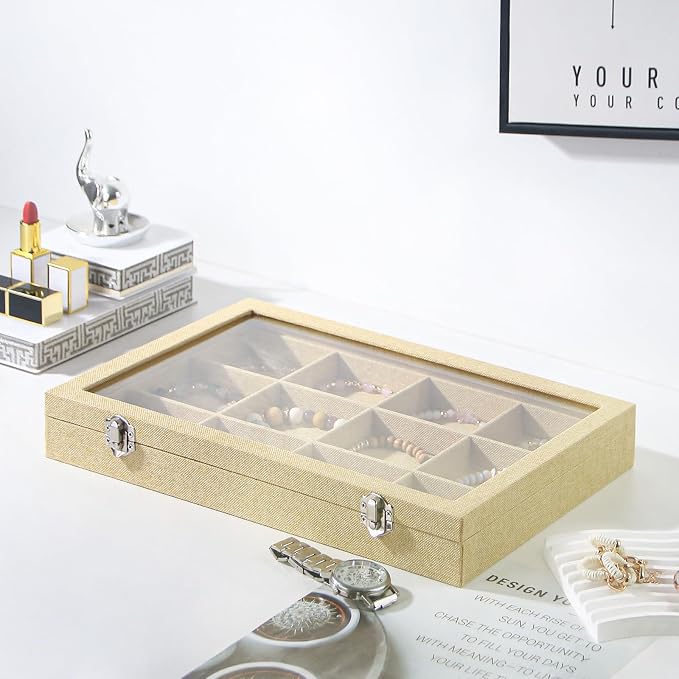 Coward Jewelry Organizer Box, Yellow Linen 12 Grids Bracelet Bangle Necklace Jewelry Display Tray Case with Transparent Glass Lid for Home Drawer Desk or Store Selling Show - Image 4