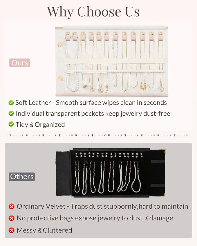 Lolalet Travel Necklace Organizer, Tangle-Free Necklace Case for Travel, Leather Foldable Roll Up Jewelry Storage Bag for Necklaces Chains Bracelets, Mothers Day Gift - Image 3