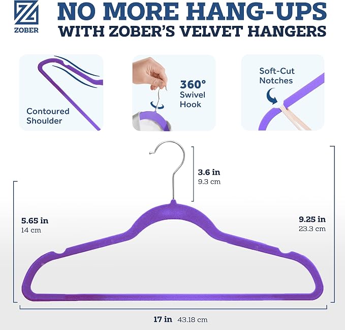 ZOBER Purple Velvet Hangers 50 Pack - Clothes Hangers, Coat Hanger for Pants & Dress Clothes - Non Slip w/ 360 Degree Swivel, Holds up to 10 lbs - Strong Felt Hanger for Clothing - Image 3