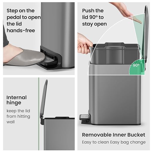 Cesun Small Bathroom Trash Can with Lid Soft Close, Step Pedal, 6 Liter / 1.6 Gallon Stainless Steel Garbage Can with Removable Inner Bucket, Anti-Fingerprint Finish (Gray) - Image 5