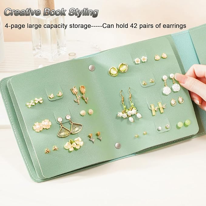 LAKE OF FIRE Earring Holder Organizer with Foldable Book Design Jewelry Book Organizer, Portable Pu Leather Travel Earring Case(Green) - Image 3