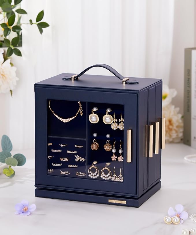Homde Mothers Day Gifts Jewelry Box for Women Large: Rotating Organizer for Ring Earring Necklace Bracelet - 7 Drawers Storage for Dresser (Dark Blue) - Image 2