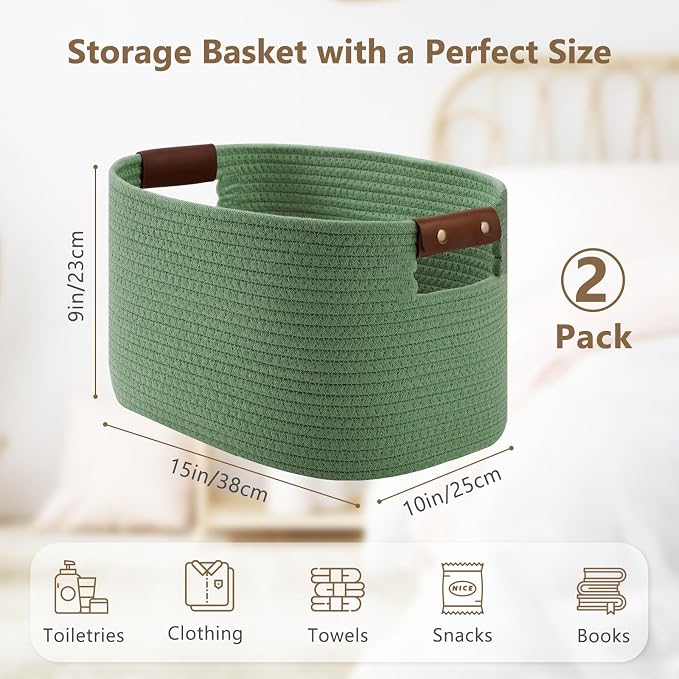 ECDYQXVU Cotton Rope Basket, Storage Baskets with Handle, 15x10x9 Inch Woven Basket for Shelves, Laundry, Towels, Clothes, Books (Green 2Pack) - Image 2