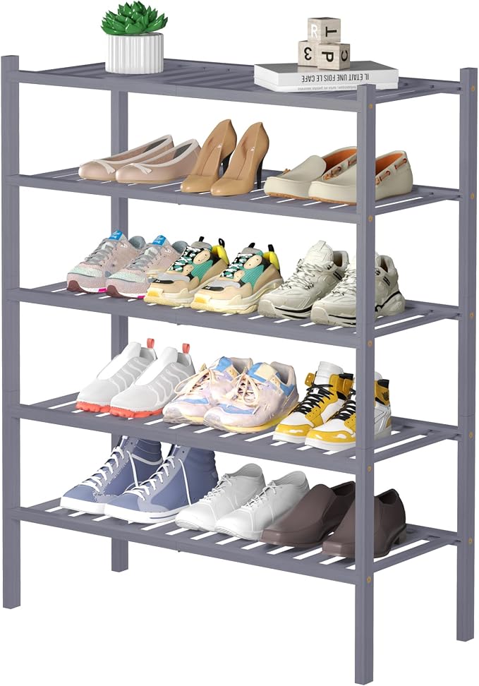 ROMGUAR CRAFT 5 Tier Bamboo Shoe Rack for Closet Free Standing Wood Shoe Shelf for Entryway Small Space Stackable 27"x11"x33" (Grey) by ROMGUAR+CRAFT