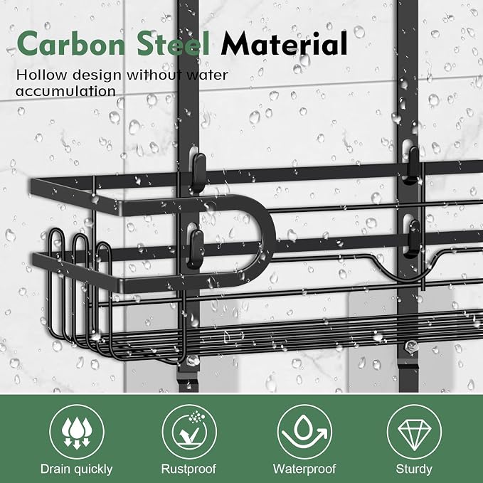 Shower Caddy Hanging, Over Head Shower Caddy Shower Storage Rack Basket with Hooks for Razor and Sponge Rustproof, No Drilling, Accessories for Bathroom and Kitchen, Black2 - Image 3