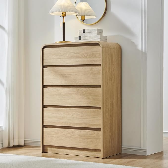 Aitjunz Modern 5 Drawers Dresser for Bedroom, 45" Tall Dressers & Chests of Drawers w/Curved Profile Design, Wood Mid Century Vertical Dresser w/Natural Texture for Bedroom, Living Room, Natural Oak