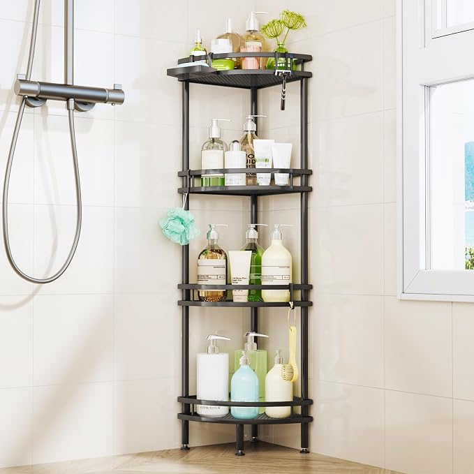 HapiRm Standing Corner Shower Caddy - 4 Tier Shower Organizer Corner with Soap Holder and 4 Hooks, Rustproof Bathroom Storage Shelves with Adhesives, Black by HapiRm