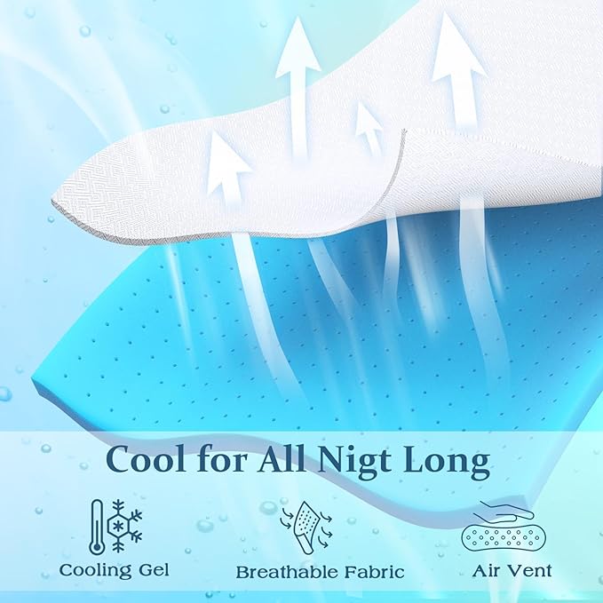 Airensky Queen Mattress Topper, Cooling Gel Infused Memory Foam Topper with Removable Skin-Friendly Cover, Bed Topper for Pressure Relief Back Pain, CertiPUR-US Certified, 2 Inch, 60"x80"