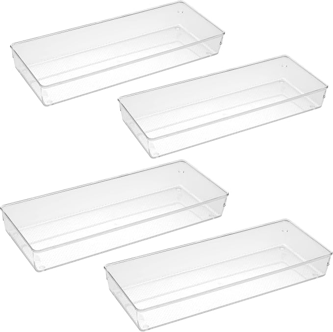 4Pack Large Size Clear Plastic Desk Drawer Dividers Drawer Organizer Wide Tray for Makeup,Kitchen Utensils,Silverware,Jewelries and Gadgets 15’’x6’’ by YFEEN
