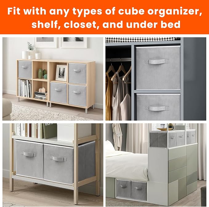Criusia Large Storage Cubes - 13 Inch Heavy Duty Fabric Storage Bins for Shelves Closet, Cube Organizer - 8 Pack Collapsible Cube Storage Bins Baskets for Organizing Clothes Blankets Toys (Grey) - Image 6