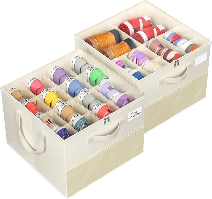 NestOrganix 2 Pack Shoe Organizer for Closet, Large Shoe Box Storage Containers, Foldable Shoe Storage Organizer Box Bin with Adjustable Dividers and Clear Cover, Space Saving Shoes Holder, Beige - Image 9