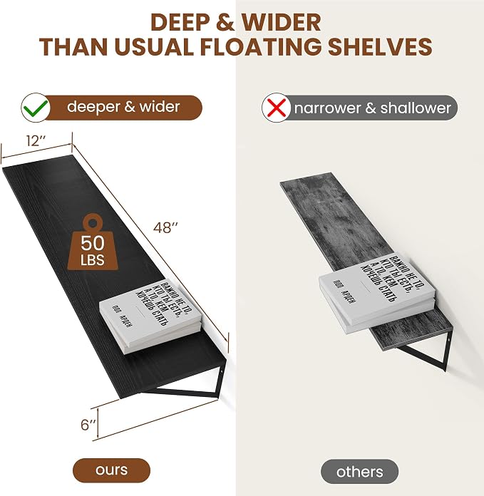 Heimlove Black Deep Floating Shelves for Wall, 48W x 12D Wood Wall Shelves Set of 2, Wide Floating Bookshelf for Living Room, Kitchen, Office, Bedroom and Decor Storage, with Metal Bracket - Black - Image 3