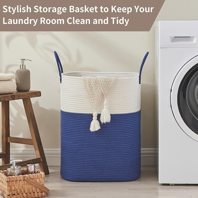 AINUOQI Laundry Basket with Handles - Blanket Basket & Hampers for Bedroom Aesthetic, Laundry Hamper & Blanket Storage for Living Room, Clothes Hamper, Tall, Large 17" x 14" x 23”, White & Dark Blue - Image 5