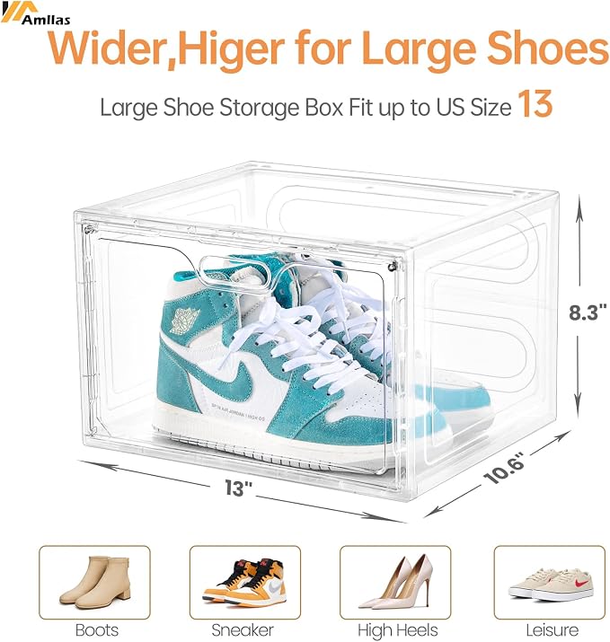 Amllas 8 Pack Shoe Boxes Clear Plastic Stackable, Large Shoe Storage Organizer with Lids,Drop Side Shoe Containers for Entryway,Sneaker Storage Fit up to US Size 13 (13’’x 10.6”x 8.3”) - Image 2