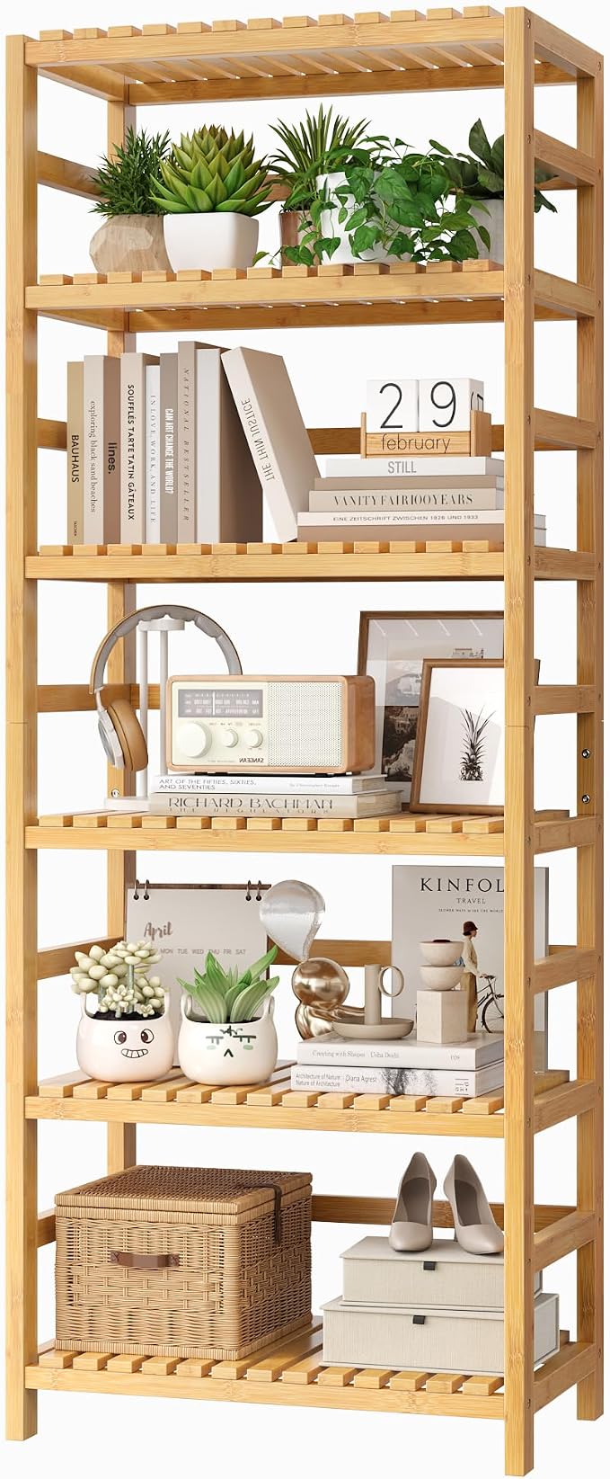 FOTOSOK 6-Tier Bamboo Shelf, Bamboo Bookcase with Adjustable Shelves, Free Standing Storage Shelf Unit, Plant Flower Stand for Kitchen, Bathroom, Home Office, Natural by FOTOSOK