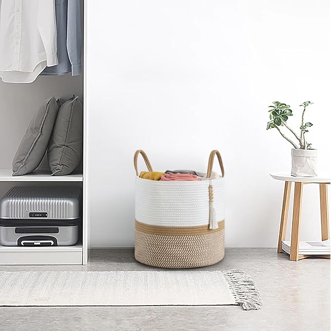 Mkono Woven Storage Basket Decorative Natural Rope Basket Wooden Bead Decoration for Blankets,Toys,Clothes,Shoes,Plant Organizer Bin with Handles Living Room Home Decor, 16"W×13.8"L, White and Brown - Image 2