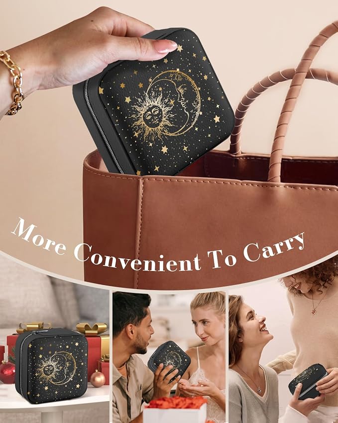 Bistup Travel Jewelry Case - Small Jewelry Organizers and Storage Box for Women Girls Teens Cute Traveling Jewelry Holder with Mirror Little Tiny Compact Modern Unique Aesthetic Pretty, Sun and Moon - Image 6