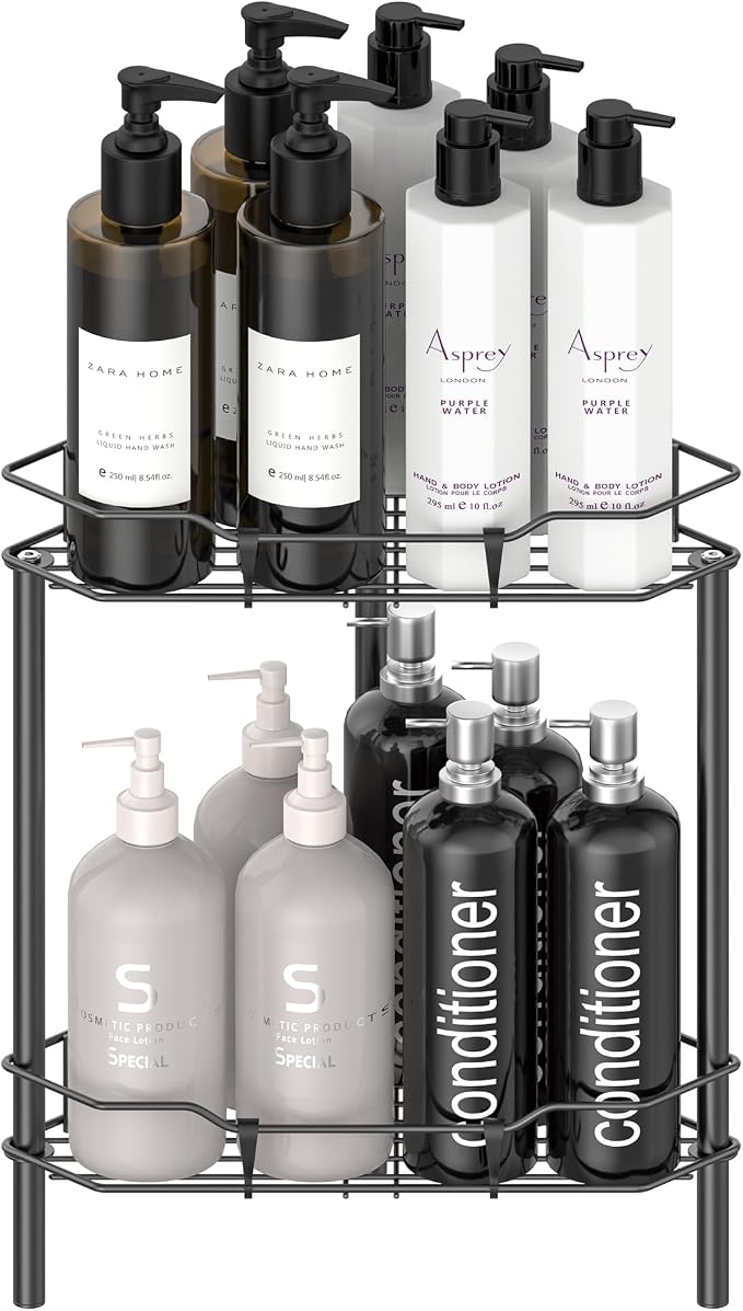 HuggieGems 2 Tier Floor Standing Corner Shower Caddy Organizer Shelf with Hooks, Bathroom Shelves Stand Rack, Matt Black by HuggieGems