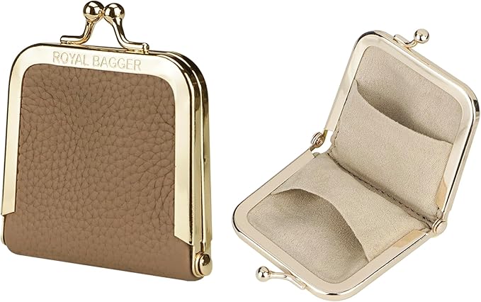 Royal Bagger Genuine Cow Leather Ultra-Slim Mini Jewelry Box, Ring & Necklace Storage, Slim Coin Purse with Kiss Lock for Women 3120 (Milk Tea) by ROYALBAGGER