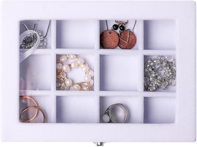 Frebeauty Jewelry Organizer Tray with Clear Lid 12 Grid Velvet Drawer Insert Jewelry Box with Transparent lid Jewelry Display Case Store Showcase Jewelry Box Gift for Women(White,12 Grid) - Image 5