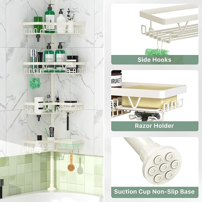 DAOYA Corner Shower Caddy Tension Pole, 4-Tier Adjustable Corner Shower Caddy with Soap Dish & Razor Holder, Stainless Steel Tension Pole Shelf Fits Bathtub & Floor 25-114.2 inches(Off-white) - Image 5