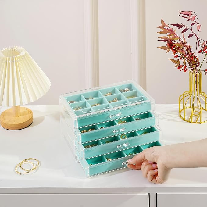 Lolalet Earring Holder Organizer Box Jewelry Storage with 4 Drawers, Clear Acrylic Stackable Earring Case with Adjustable Velvet Trays for Women on Dresser Vanity -Aqua, 4 Layers - Image 6