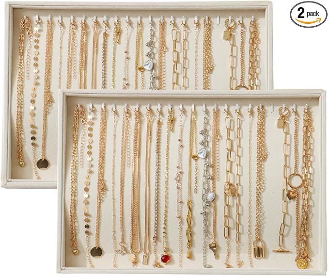 Large Velvet Jewelry Tray 2 Pack Stackable Jewelry Display Drawer Inserts Trays Organizer for Earring Bracelet Necklace Ring (Beige, 20 Hooks) by Unknown