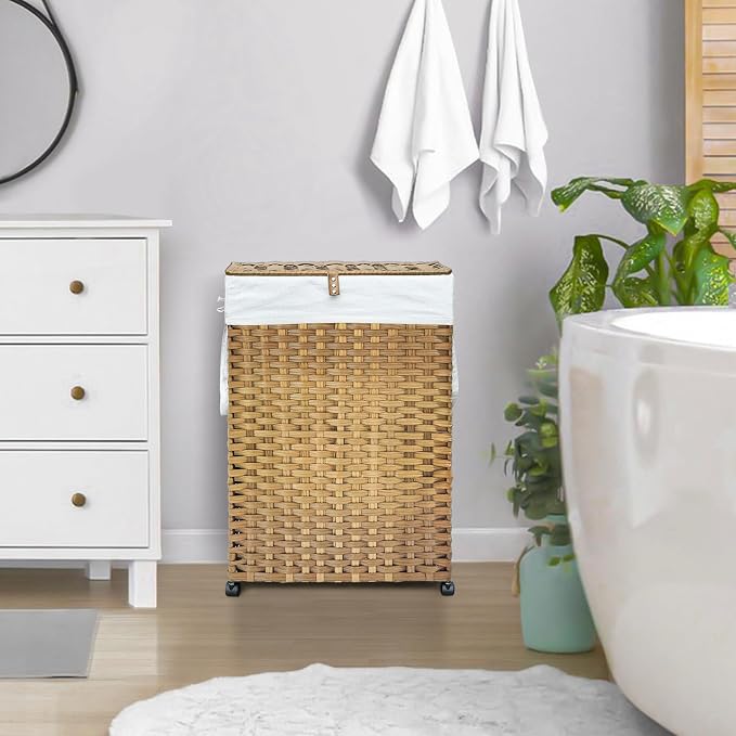 70L Slim Laundry Hamper with Lid & Wheels, Rolling Laundry Basket with 2 Removable Liner Bags & 3 Mesh Bags, Narrow Dirty Clothes Basket, Foldable Handwoven Rattan Laundry Sorter, Natural - Image 3