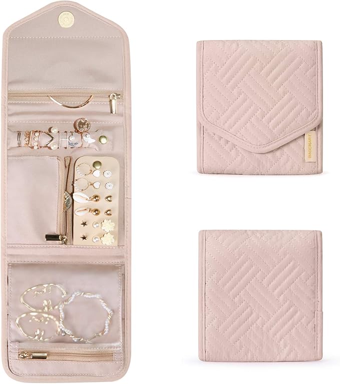 BAGSMART Travel Jewelry Organizer Case Foldable Small Jewelry Roll for Journey Rings, Necklaces, Earrings, Bracelets,Mini,Soft Pink by BAGSMART