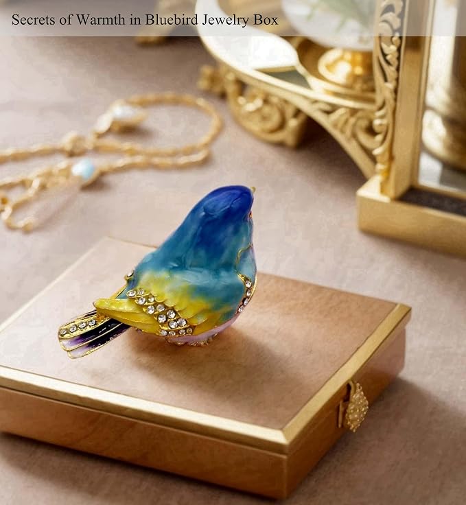 JWT Astyle Blue Mountain Bird Hinged Trinket Box with Crystal Stones .Animal Jewelry Box.Necklace Rings Earrings Storage.Bird Figurines Home Decor,Collectible Trinket Boxes Gift ., Blue Yellow - Image 6