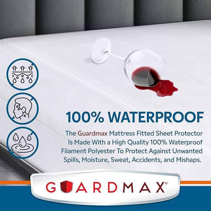 Guardmax Fitted Waterproof Mattress Protector - Hypoallergenic Cover, Noiseless and Breathable - Full Size (54x75) - Skirt Stretches to 16