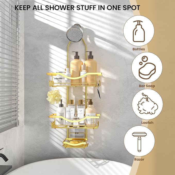 Shower Caddy Hanging Adjustable Shower Caddy, Rustproof Shower Organizer Extended Length Showers Caddy Over Shower Head with Hooks Soap Holder, Large Capacity Anti-Swing Bathroom Organizer, Gold - Image 7