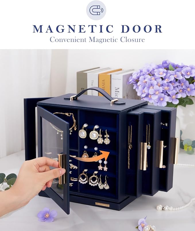 Homde Mothers Day Gifts Jewelry Box for Women Large: Rotating Organizer for Ring Earring Necklace Bracelet - 7 Drawers Storage for Dresser (Dark Blue) - Image 7