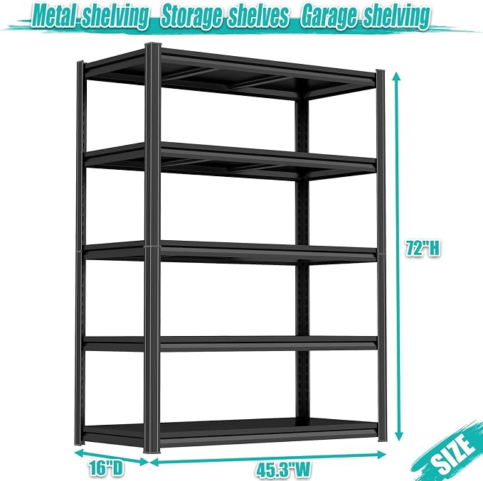 PRESTELION 45" W Garage Shelving Heavy Duty Metal Storage Shelves 3000LBS Metal Shelving Unit 5 Tier Storage Rack for Basement, Warehouse, Pantry, Closet, Kitchen 72" H x 45.3" W x 15.8" D, Black - Image 2