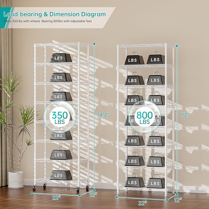 SINGAYE 8 Tier Shelf Organizer Storage Metal Shelves Garage Wire Shelving Unit Pantry Rack Adjustable Standing Storage for Kitchen Closet Laundry Bathroom Pantry 12" D x 22" W x 74" H White - Image 3