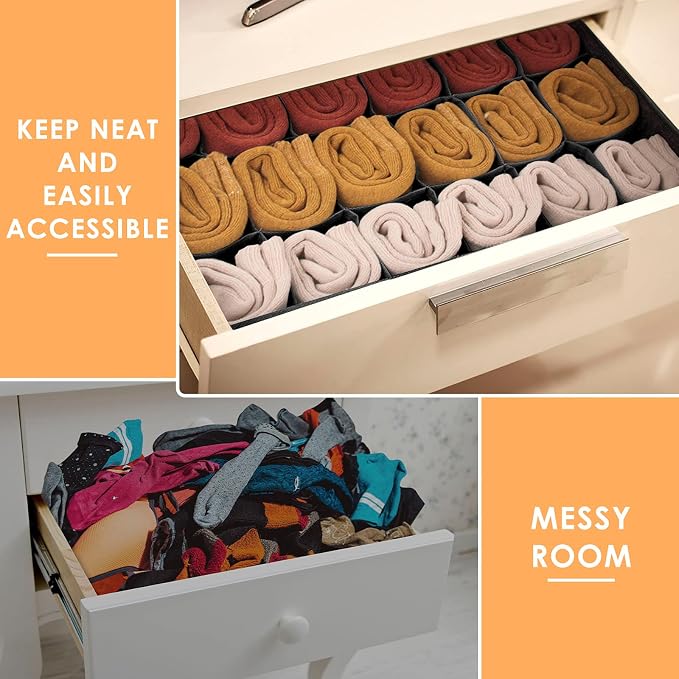 Criusia 3 Pack Sock Underwear Organizer Dividers, 64 Cell Fabric Foldable Cabinet Closet Organizers and Storage Boxes for Storing Socks, Underwear, Ties (16+24+24 Cell, Black) - Image 3