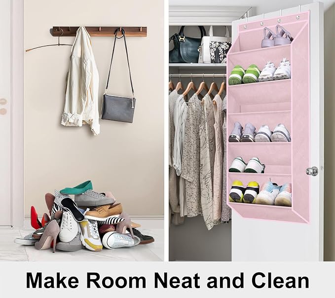SLEEPING LAMB Over The Door Shoe Rack with Large Deep Pockets, Kids Shoe Organizer for Closet Door, Narrow Hanging Boots Storage, Pink - Image 6
