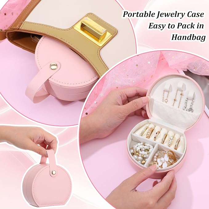 10 Pack Travel Jewelry Case Mini Leather Bridesmaid Jewelry Gift Box Bulk, Half Moon Design, Detachable Handle, Small Earring Storage Organizer for Women Girls Bridesmaid Proposal Gifts(Pink) - Image 4