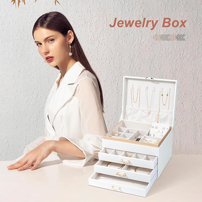 Jewelry Box for Women,4-Layer Leather Jewelry Holder Organizer with 3 Drawers Large Jewelry Storage Boxes, Lots of Storage Space For Ring,Necklace,Bracelets,Earring（White） - Image 6