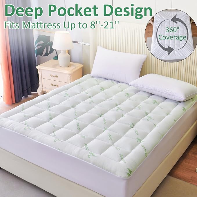 oaskys Mattress Topper Twin Size - Cooling Extra Thick Breathable Viscose Made from Bamboo Mattress pad - Soft Quilted Fitted Mattress Cover with Down Alternative Fill (8-21”Deep Pocket)
