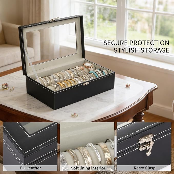 AUTOARK Bracelet & Watch Storage Box with Glass Lid & 2 Anti-Roll Rods,PU Leather Jewelry Case,Soft Lined Locking Organizer for Women,Gift for Dresser & Cabinet Display,Black,MKAW147 - Image 3