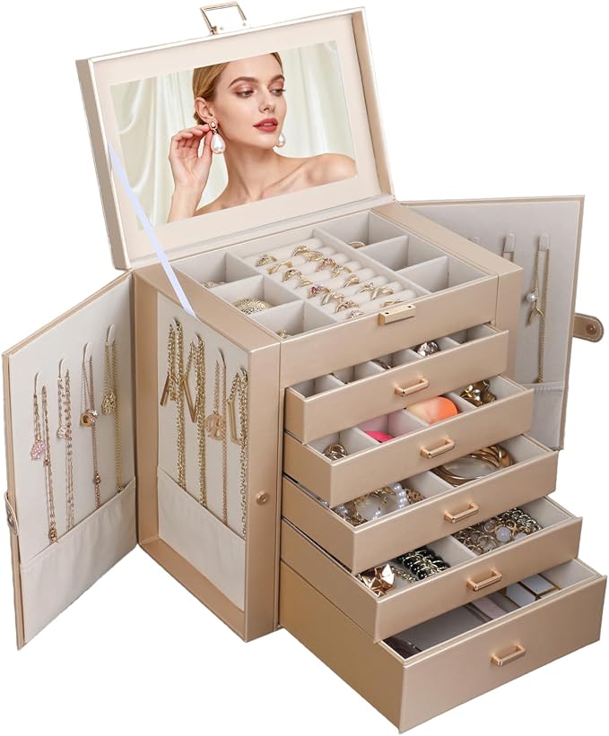 BOOVO Jewelry Box For women, 6 Layer Large Jewelry Organizer With Mirror, Multi-Function Storage Box With Lock, Necklace Holder With 5 Drawers, For Earrings Necklace Bracelet (Champagne Gold) by BOOVO