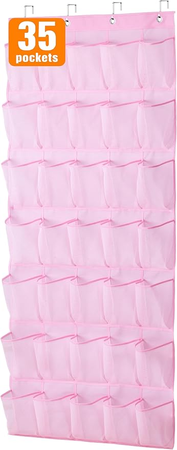 MISSLO 35 Large Pockets Over The Door Shoe Organizer Sturdy Oxford Fabric Hanging Shoe Rack for Door Mesh Closet Shoe Holder Hanger, Pink by MISSLO