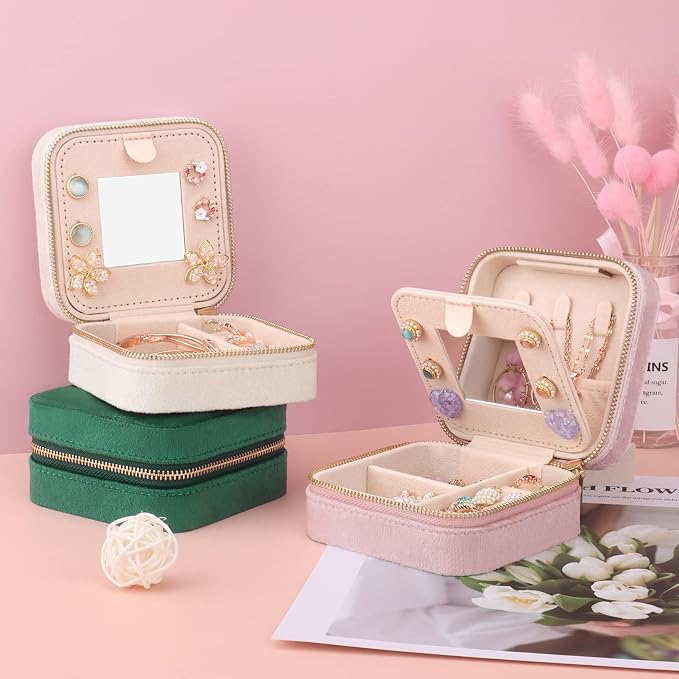 DesignSter Travel Jewelry Box - Velvet Mini Jewelry Organizer, Small Jewelry Case for Girls Women, Jewelry Storage Box for Rings Earrings Necklace (Square, Lotus Pink) - Image 8