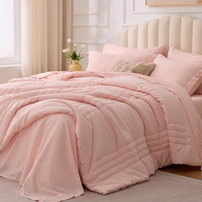 King Comforter Set Pink - Bed in a Bag King Size 7 Pieces, Soft Bedding Set for All Seasons, Premium King Comforter Set with Comforter, Sheets, Pillowcases & Shams