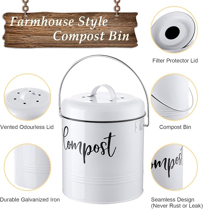 DAYYET Compost Bin Kitchen, 1.3 Gallon Farmhouse Kitchen Compost Bin Countertop, Indoor Countertop Compost Bucket with Lid and Charcoal Filters, White - Image 2