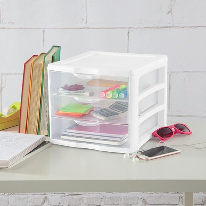 Sterilite 4-Pack 3 Drawer Unit, Stackable Plastic Organizer with Drawers, White Frame - Multi-Purpose Countertop Storage Containers for Office Supplies, Craft Rooms, Classrooms and Home Organization - Image 2