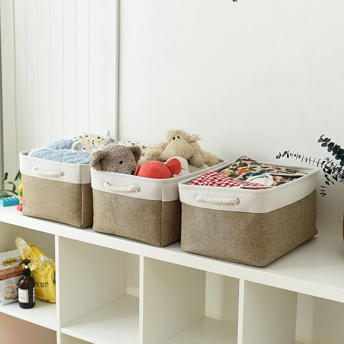 TheWarmHome Storage Basket for Organizing- 15.7x11.8x8.2 inch 1 Pack Fabric Storage Cubes for Shelves Organizer Book Gift Laundry Box Cloth Toy (Whiet & Khaki) - Image 4