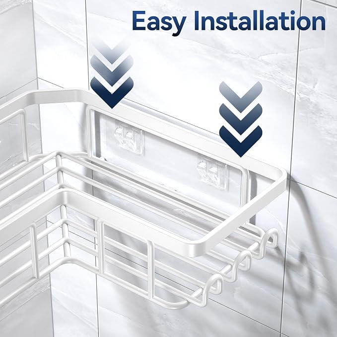YASONIC Corner Adhesive Shower Caddy, with Soap Holder and 12 Hooks, Rustproof Stainless Steel Bathroom Organizer, No Drilling Wall Mounted Rack, White, 3-Pack - Image 6