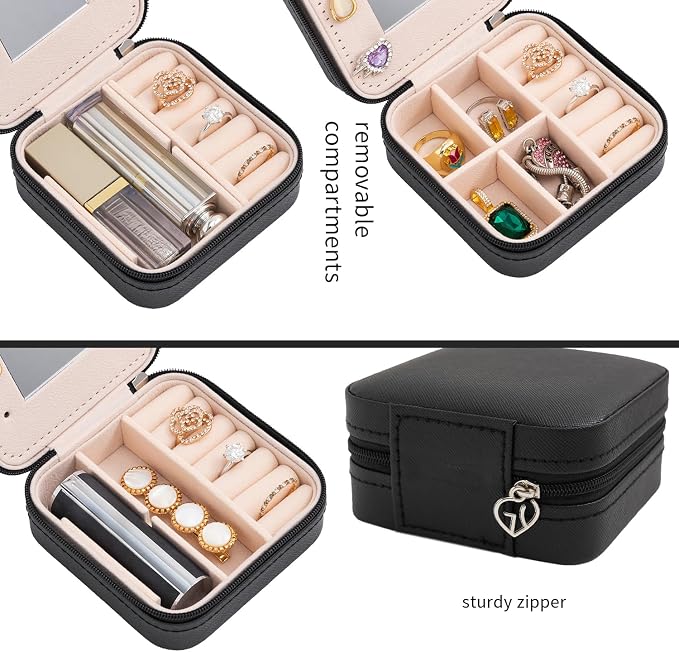 KElofoN Travel jewelry case Travel jewelry box Travel Jewelry Organizer Small Jewelry Organizer Box Gift for Girls Women with Mirror(Black) - Image 5